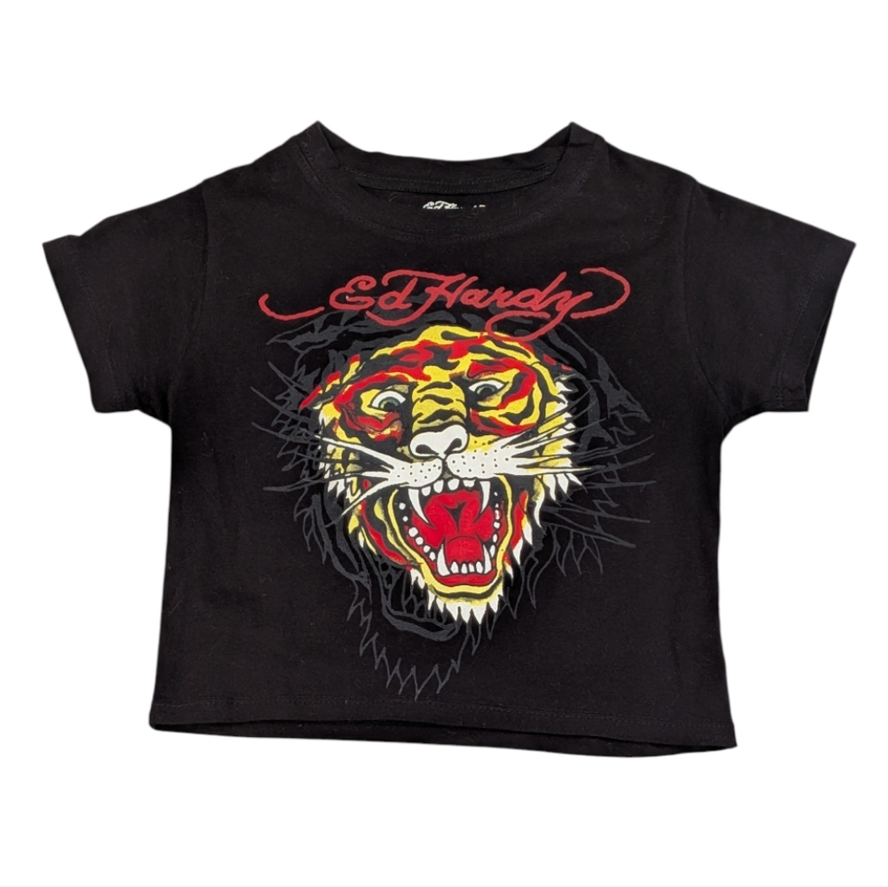 Ed Hardy Kids Tiger Graphic Tee Black Y2K Tattoo Print Streetwear Grunge Small